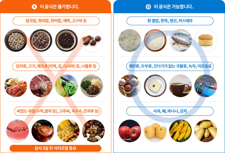 대장내시경 시 섭취 가능한 음식, 섭취 불가능한 음식에 대한 안내. 자세한 내용은 하단 참조.